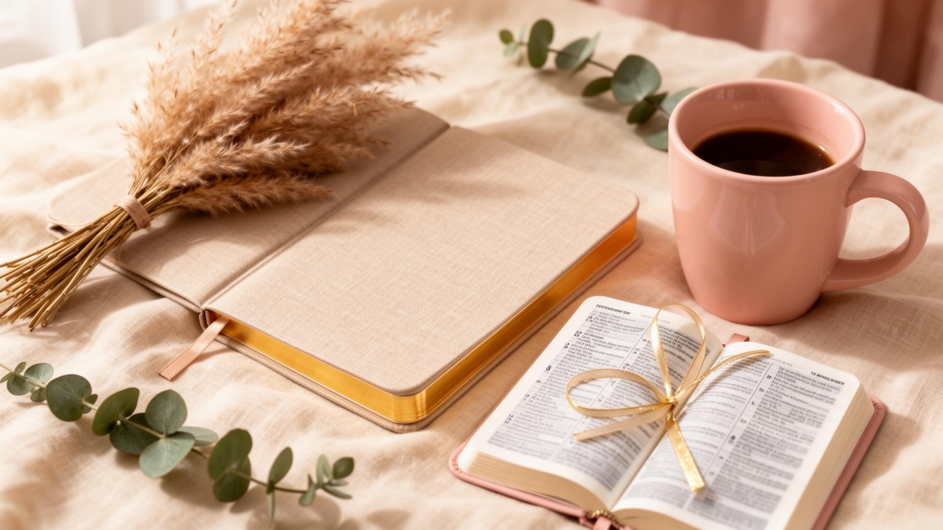 A linen bound journal, open Bible, blush mug and pampas grass in soft morning light